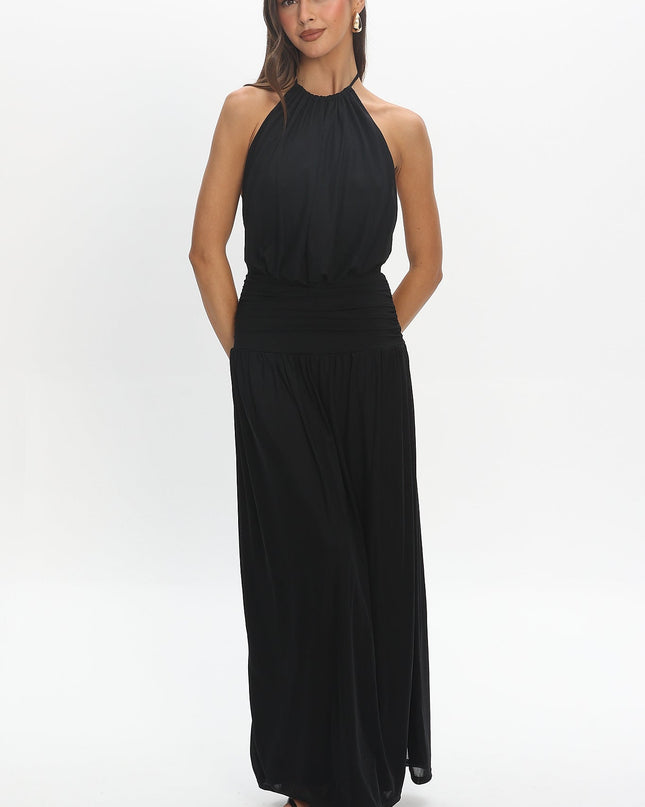 Black Backless Halter Maxi Dress