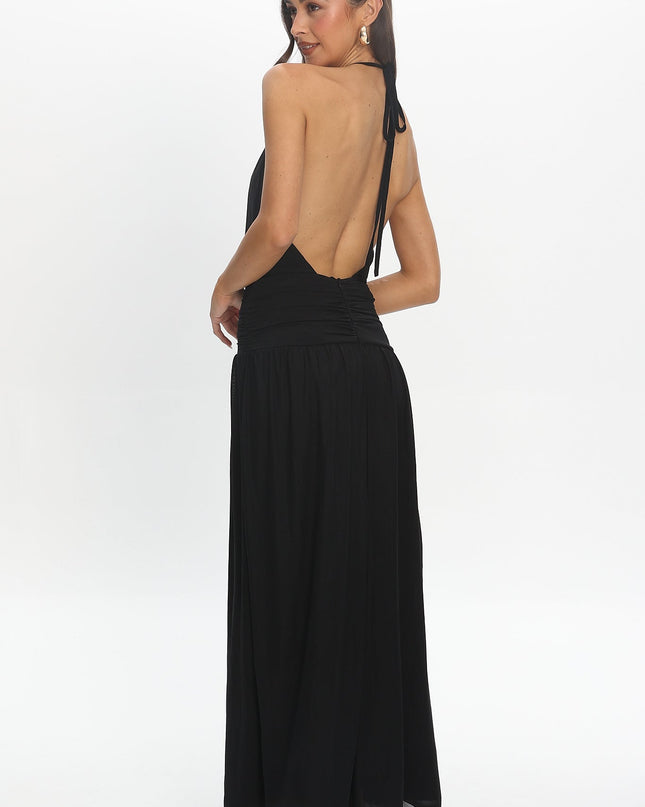Black Backless Halter Maxi Dress