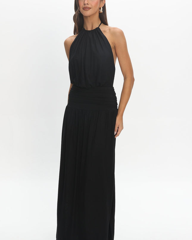 Black Backless Halter Maxi Dress
