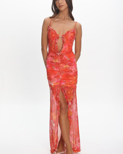 Coral Floral Mesh Ruffle Slip Gown
