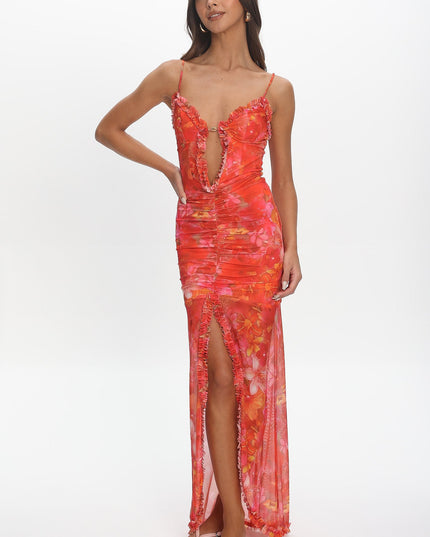 Coral Floral Mesh Ruffle Slip Gown