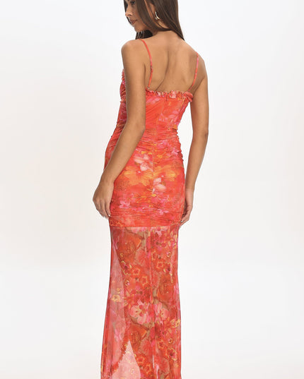 Coral Floral Mesh Ruffle Slip Gown