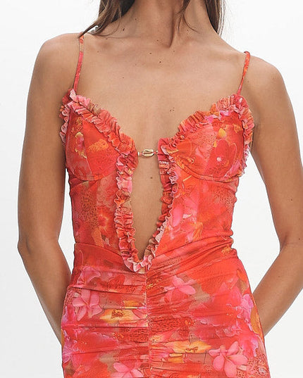 Coral Floral Mesh Ruffle Slip Gown