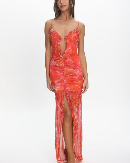 Coral Floral Mesh Ruffle Slip Gown