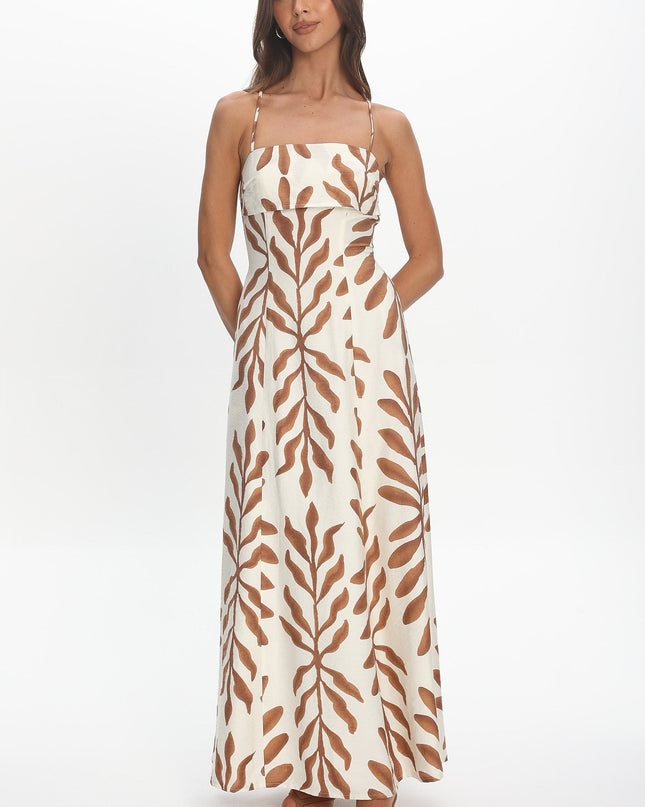 Cream Strappy Back Maxi Dress Print