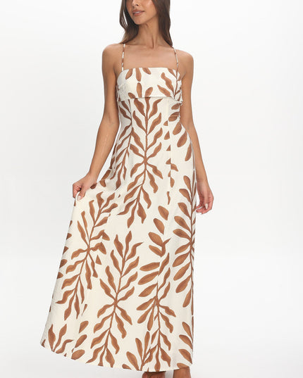 Cream Strappy Back Maxi Dress Print