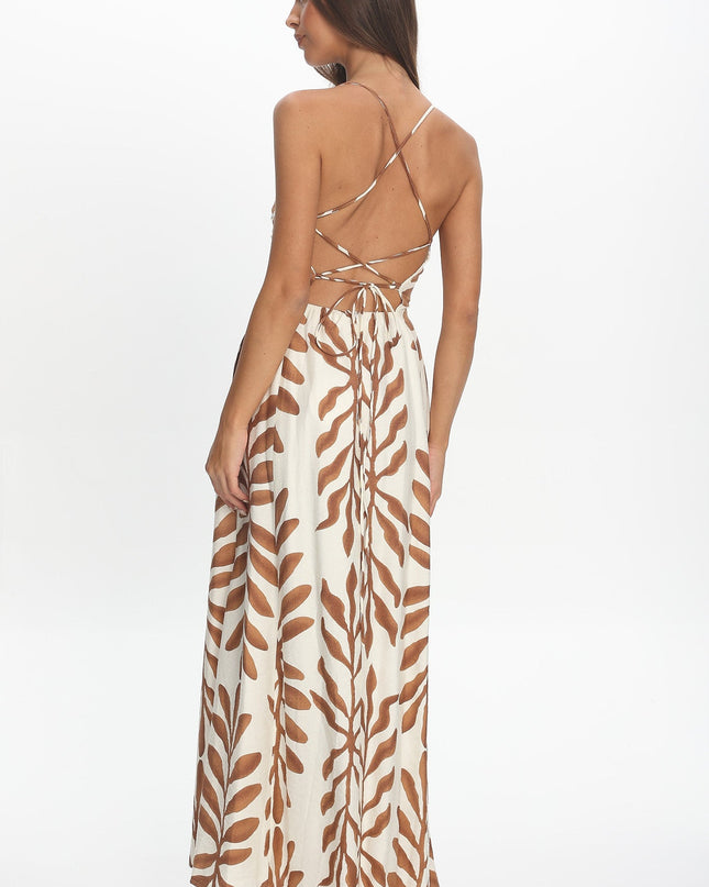Cream Strappy Back Maxi Dress Print
