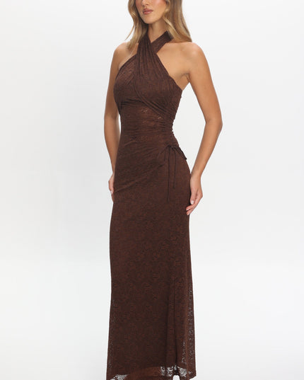 Chocolate Ruched Halterneck Maxi Dress