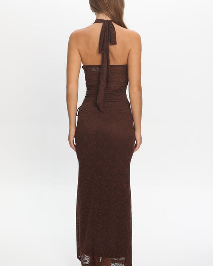 Chocolate Ruched Halterneck Maxi Dress