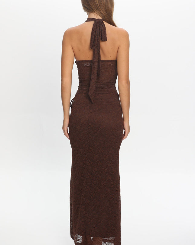 Chocolate Ruched Halterneck Maxi Dress