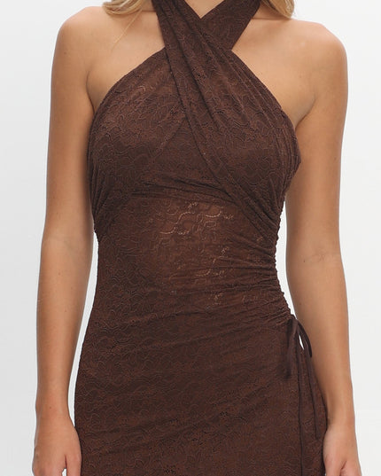 Chocolate Ruched Halterneck Maxi Dress