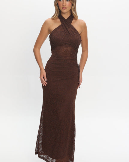 Chocolate Ruched Halterneck Maxi Dress