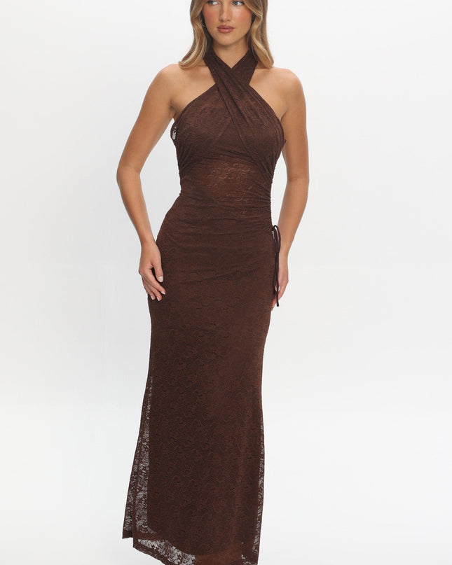 Chocolate Ruched Halterneck Maxi Dress