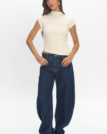 Ivory Asymmetric Hem Ribbed Knit Top