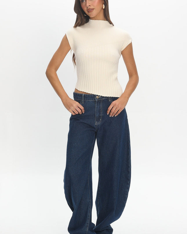 Ivory Asymmetric Hem Ribbed Knit Top
