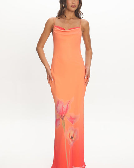 Tangerine Cowl Neck Maxi Dress Flower