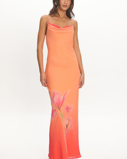 Tangerine Cowl Neck Maxi Dress Flower