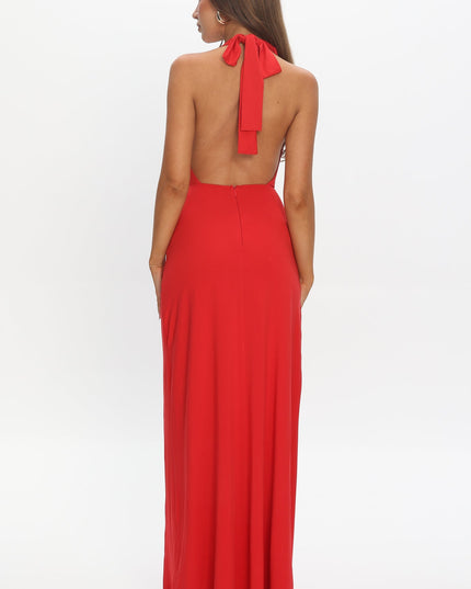 Red Cowl Halterneck Maxi Dress
