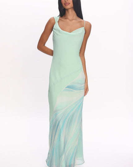 Mint Asymmetric Cowl Neckline Maxi Dress Abstract