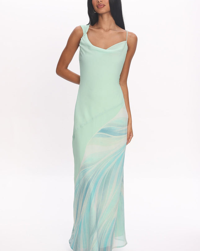 Mint Asymmetric Cowl Neckline Maxi Dress Abstract