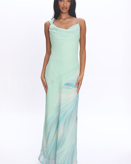 Mint Asymmetric Cowl Neckline Maxi Dress Abstract