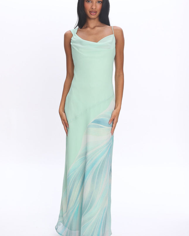 Mint Asymmetric Cowl Neckline Maxi Dress Abstract