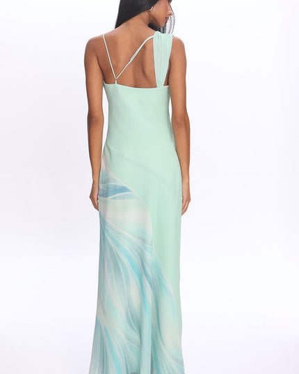 Mint Asymmetric Cowl Neckline Maxi Dress Abstract