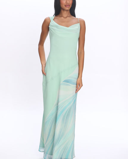 Mint Asymmetric Cowl Neckline Maxi Dress Abstract