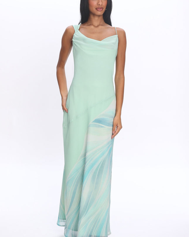 Mint Asymmetric Cowl Neckline Maxi Dress Abstract
