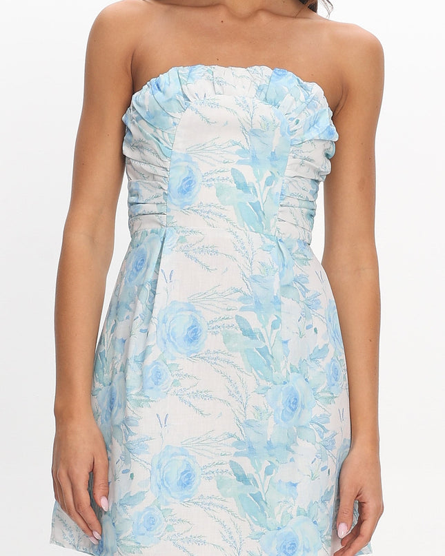 Blue Neckline Mini Dress Floral