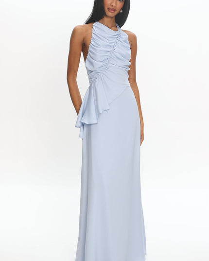 Blue Ruched Halter Maxi Dress