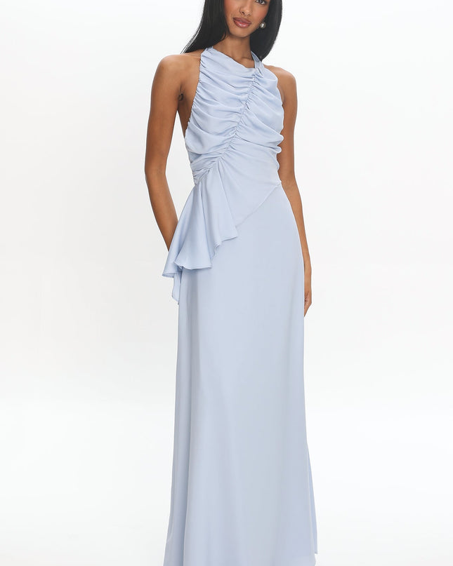 Blue Ruched Halter Maxi Dress