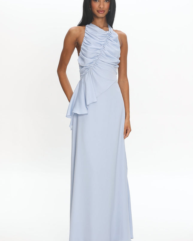 Blue Ruched Halter Maxi Dress