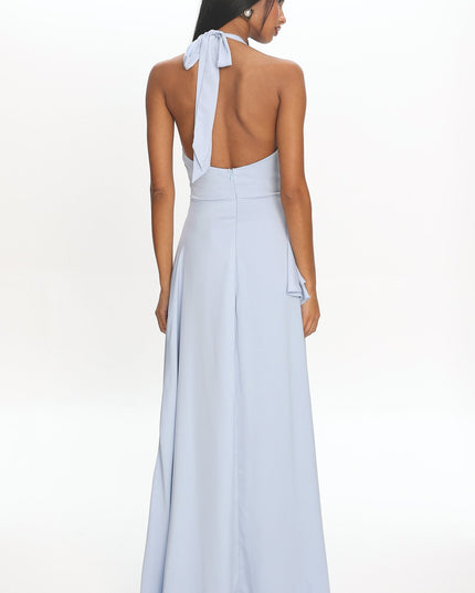 Blue Ruched Halter Maxi Dress
