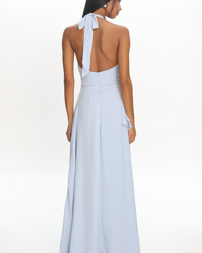 Blue Ruched Halter Maxi Dress