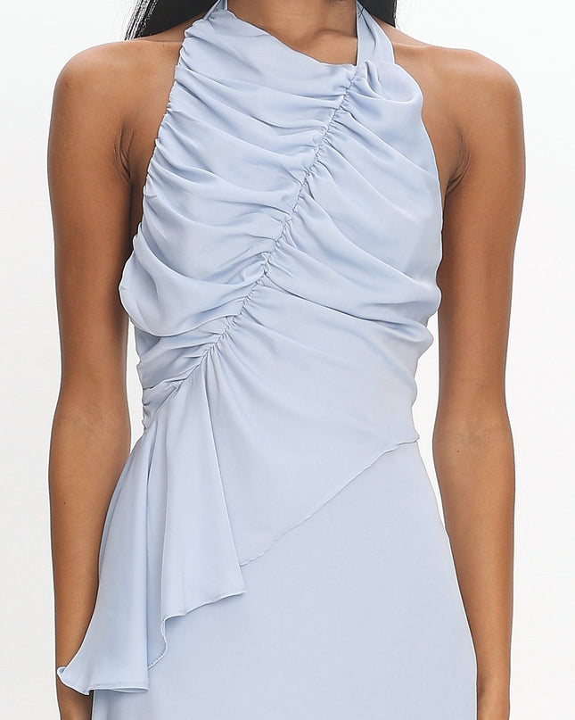 Blue Ruched Halter Maxi Dress