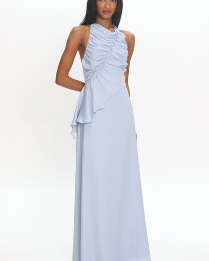 Blue Ruched Halter Maxi Dress