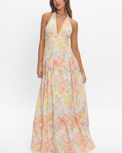 Multi Love Box Pleat Halter Maxi Dress