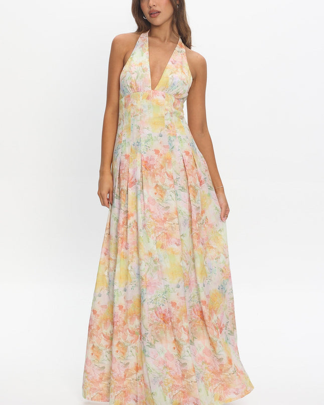 Multi Love Box Pleat Halter Maxi Dress