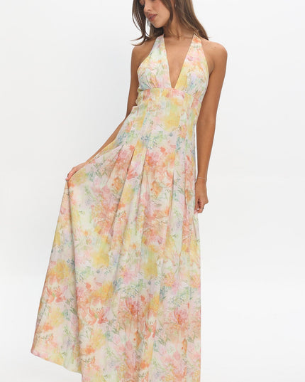 Multi Love Box Pleat Halter Maxi Dress