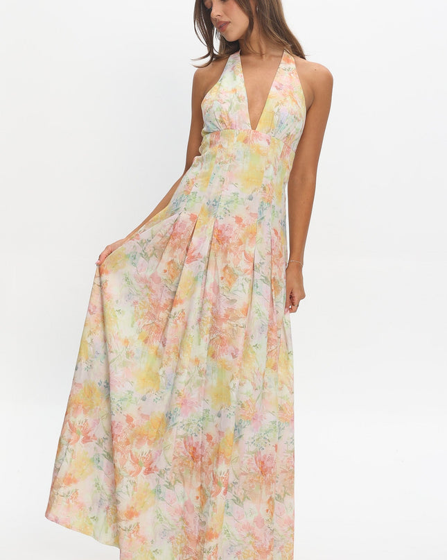 Multi Love Box Pleat Halter Maxi Dress