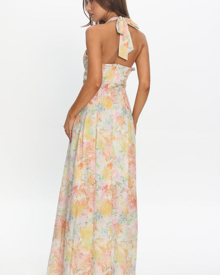 Multi Love Box Pleat Halter Maxi Dress