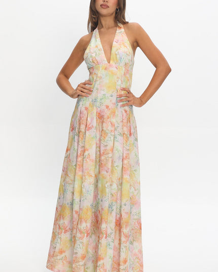 Multi Love Box Pleat Halter Maxi Dress