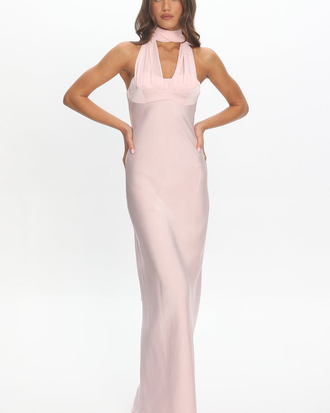 Pink Scarf Neck Satin Slip Gown
