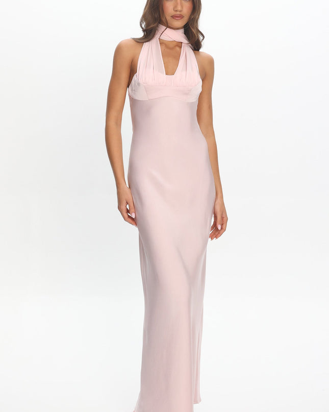 Pink Scarf Neck Satin Slip Gown