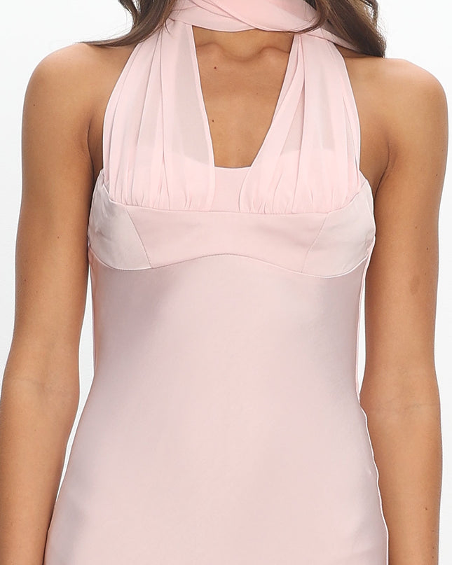 Pink Scarf Neck Satin Slip Gown