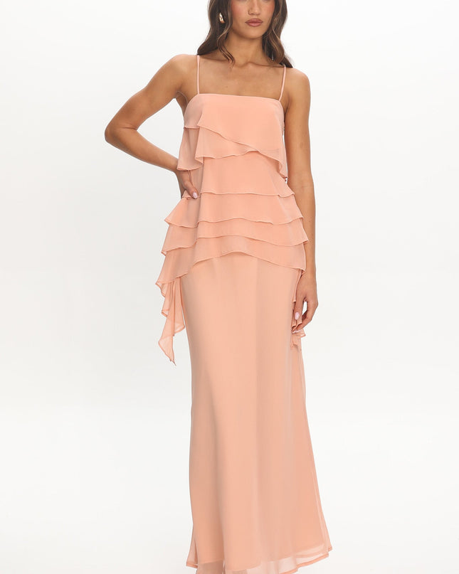 Apricot Tiered Ruffle Slip Maxi Dress