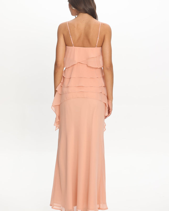 Apricot Tiered Ruffle Slip Maxi Dress