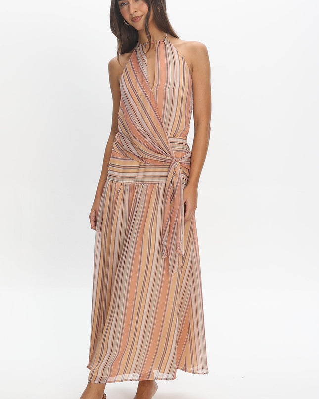 Indigo Morning Tied Back Maxi Dress Stripe Sunset