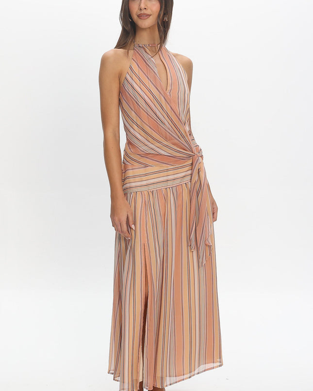 Indigo Morning Tied Back Maxi Dress Stripe Sunset